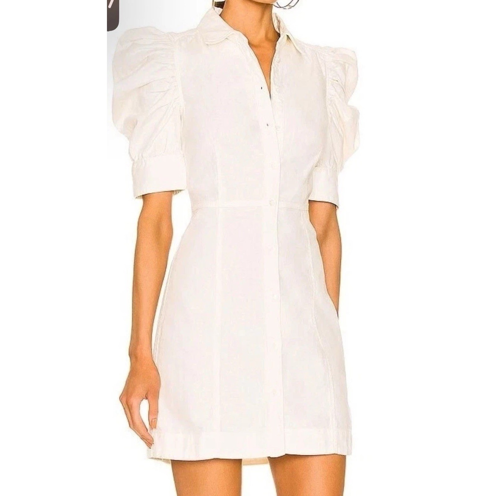 Frame Gillian Puff Sleeve Cotton Mini Dress In Cream/Ecru Size Small $398 Nwt